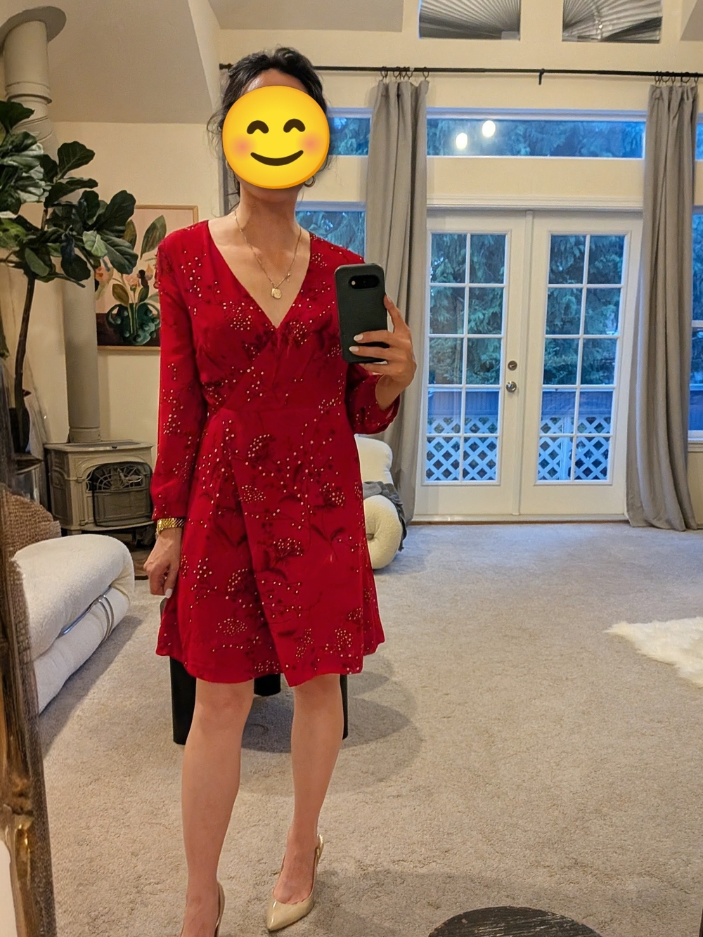 Madewell Red Floral V-Neck Long Sleeve Mini Dress